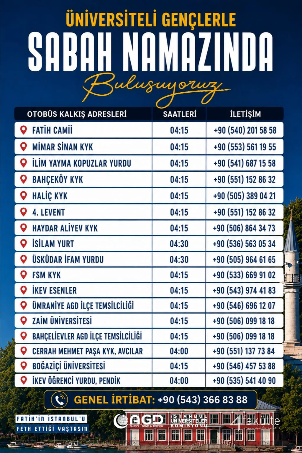 16 Mayıs Kuleli Kaymak Mustafa Paşa Camii Sabah Namazı buluşması otobüs kalkış saatleri ⏰